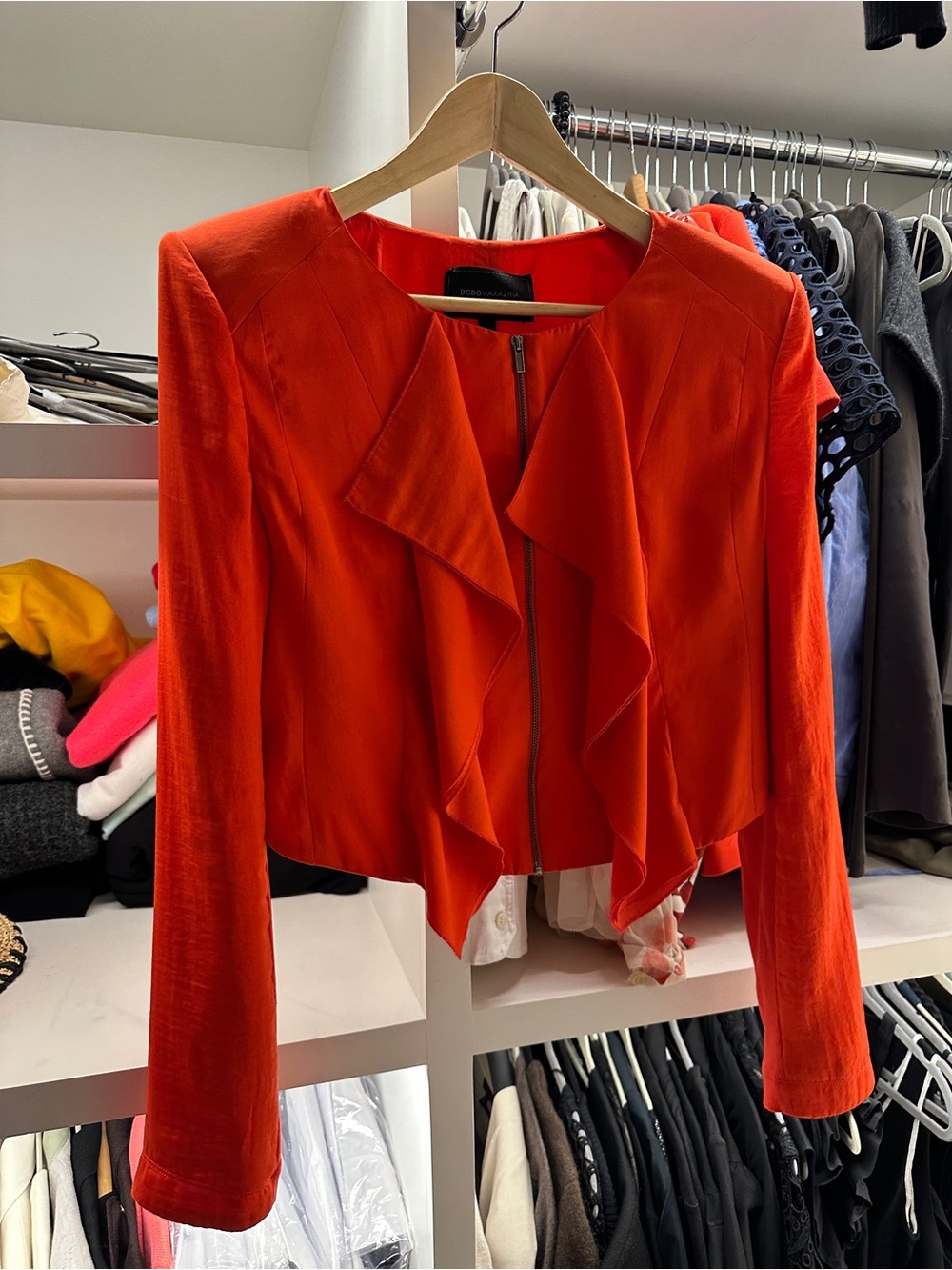 BCBGMaxAzria Vibrant Red Ruffle Zip Blazer